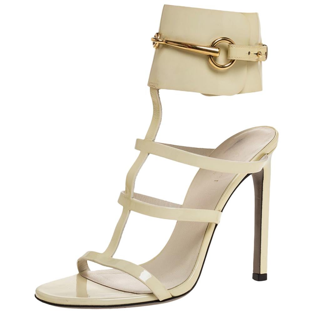 Gucci Cream Patent Ursula Horsebit Gladiator Sandals Size 37