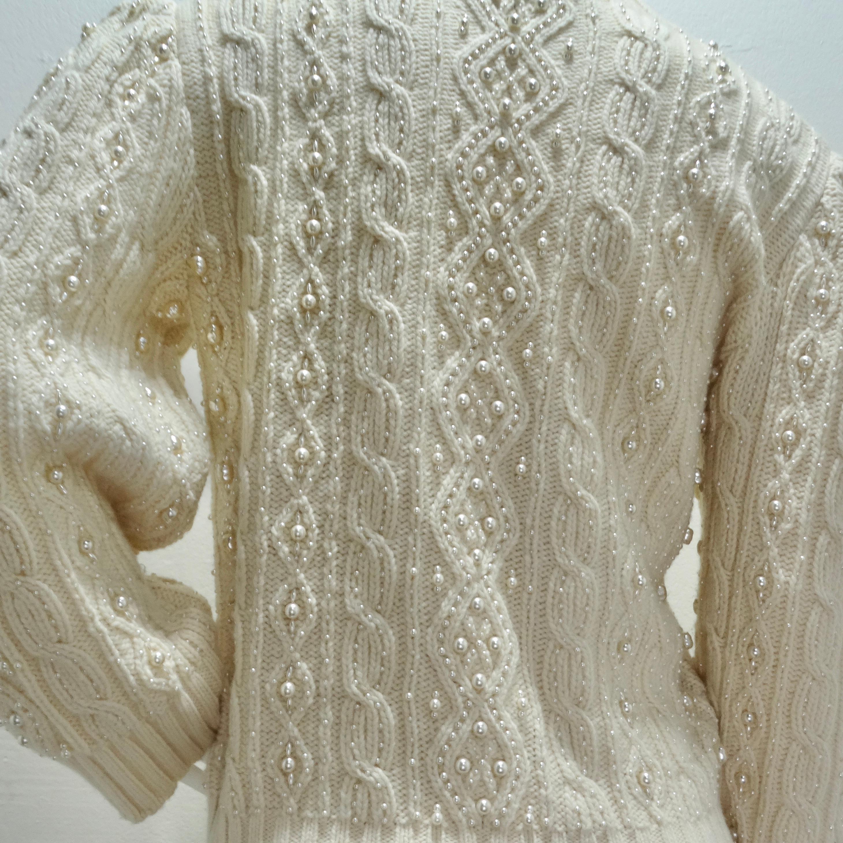 Gucci Cream Pearl Embellished Wool Cable Knit Sweater  5