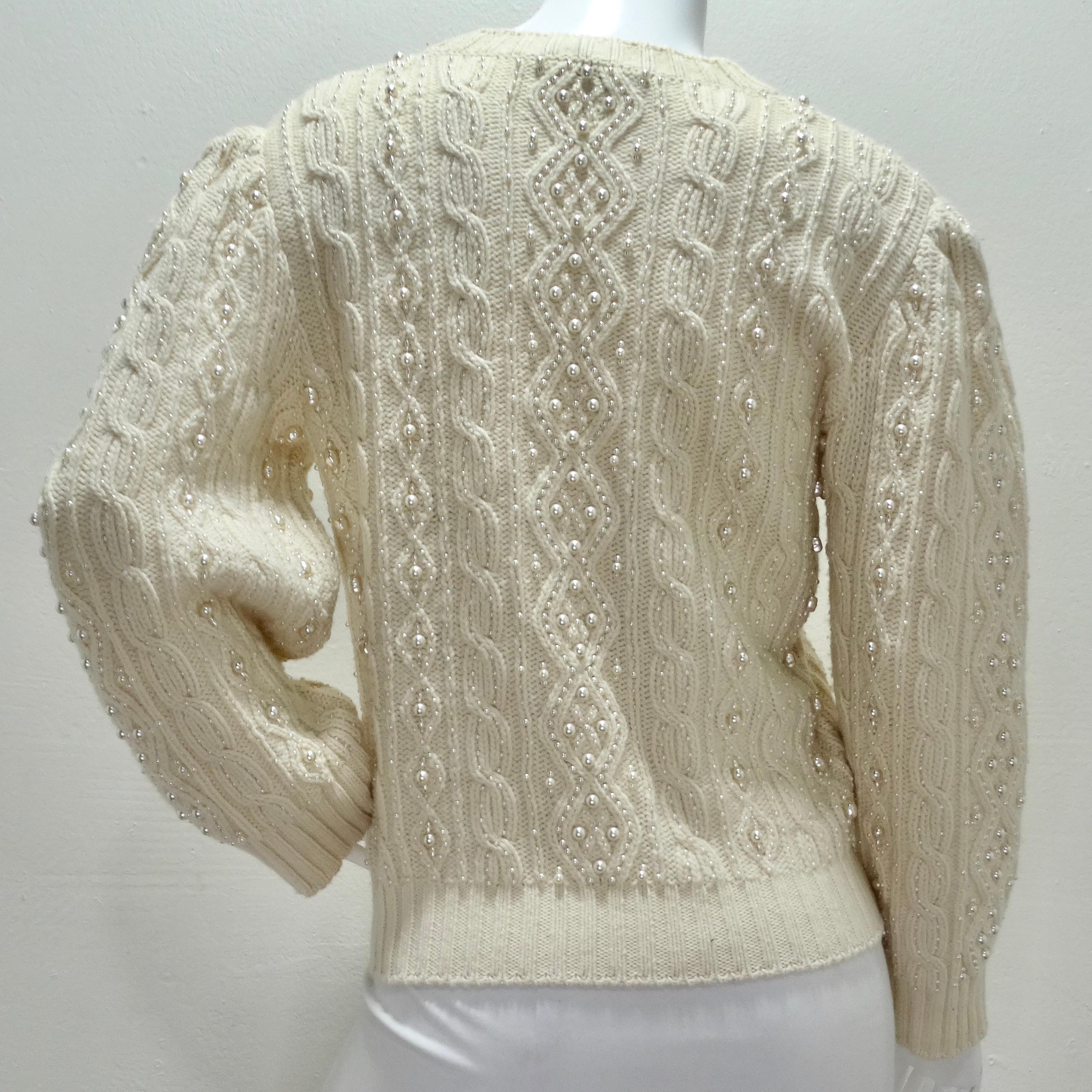 Gucci Cream Pearl Embellished Wool Cable Knit Sweater  6