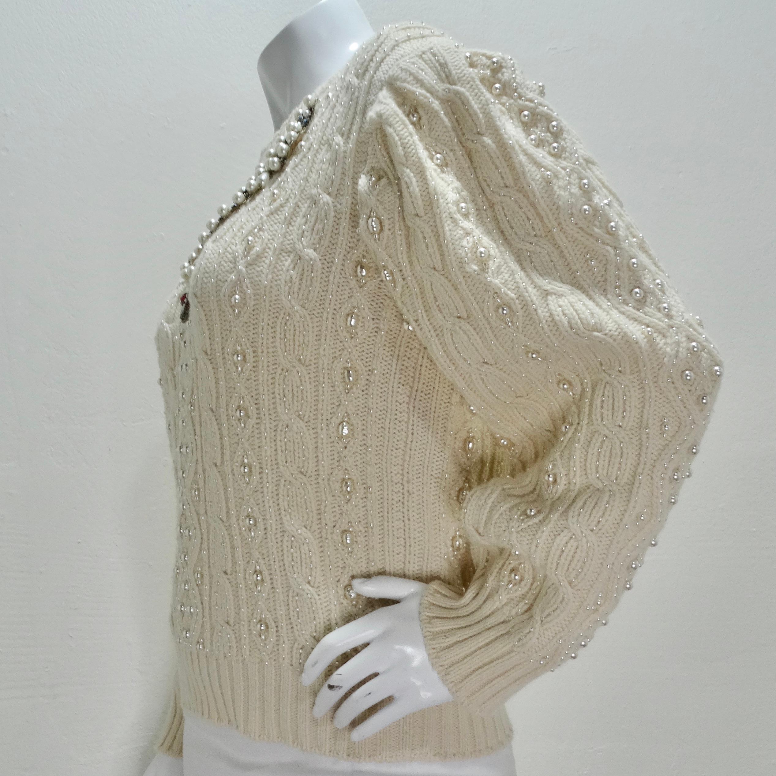 Gucci Cream Pearl Embellished Wool Cable Knit Sweater  For Sale 7