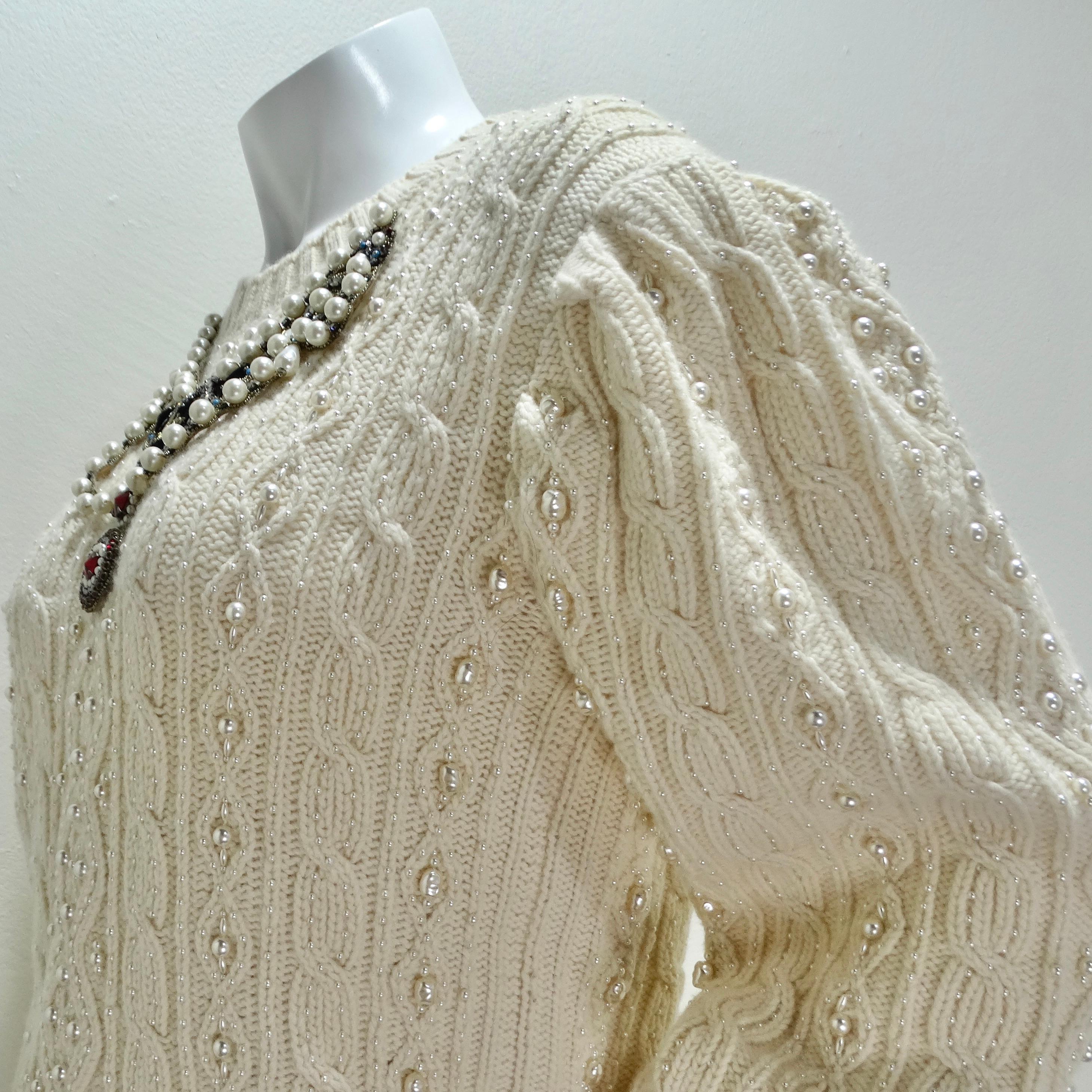 Gucci Cream Pearl Embellished Wool Cable Knit Sweater  8