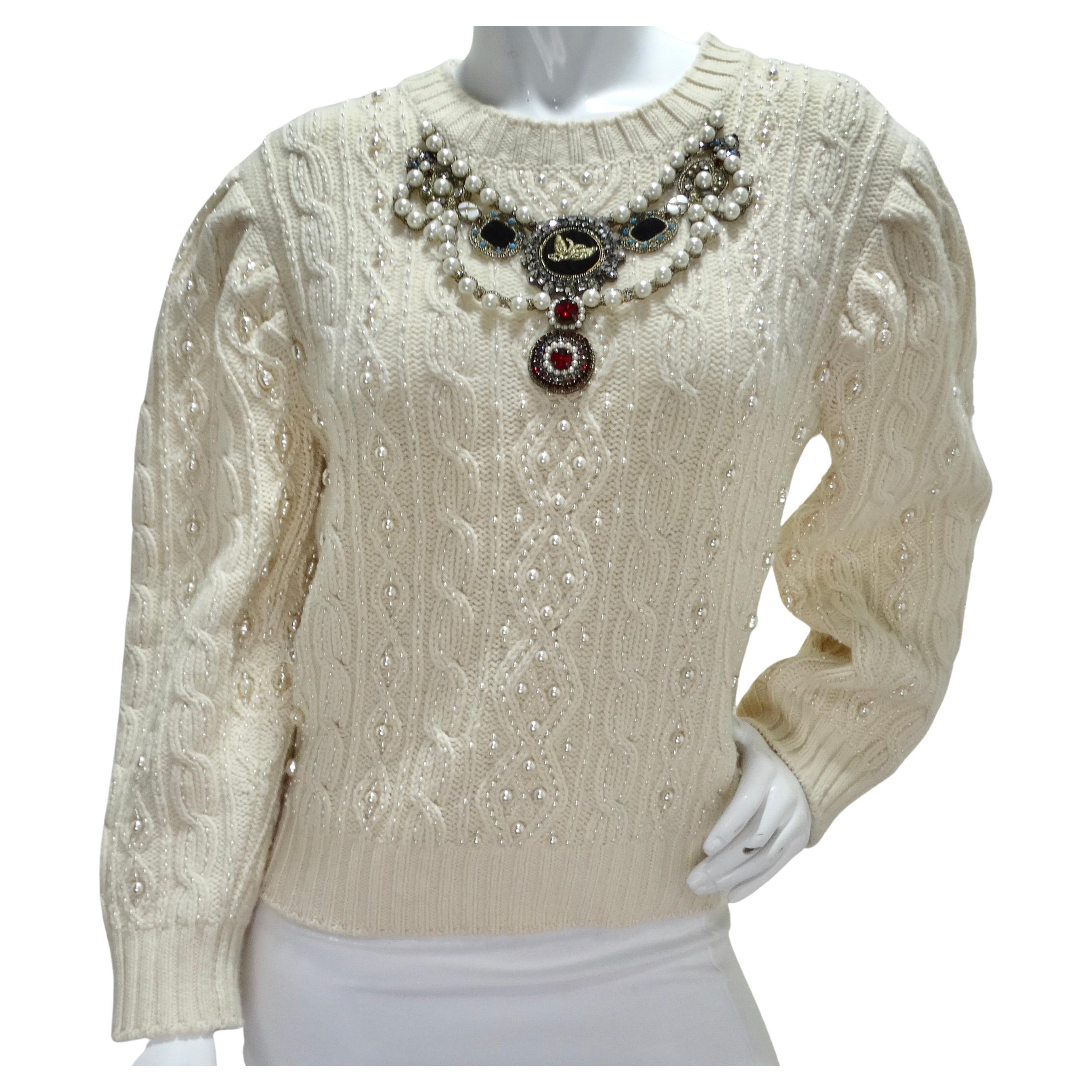 Gucci Cream Pearl Embellished Wool Cable Knit Sweater  For Sale