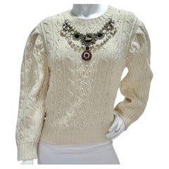 Vintage Gucci Cream Pearl Embellished Wool Cable Knit Sweater 