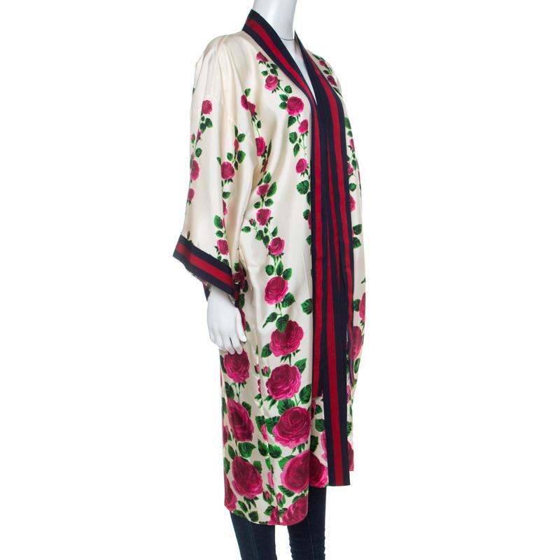 White Gucci Cream & Pink Rose Garden Print Silk Belted Kimono M