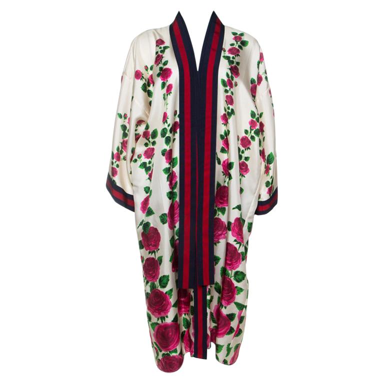 Gucci Cream & Pink Rose Garden Print Silk Belted Kimono M