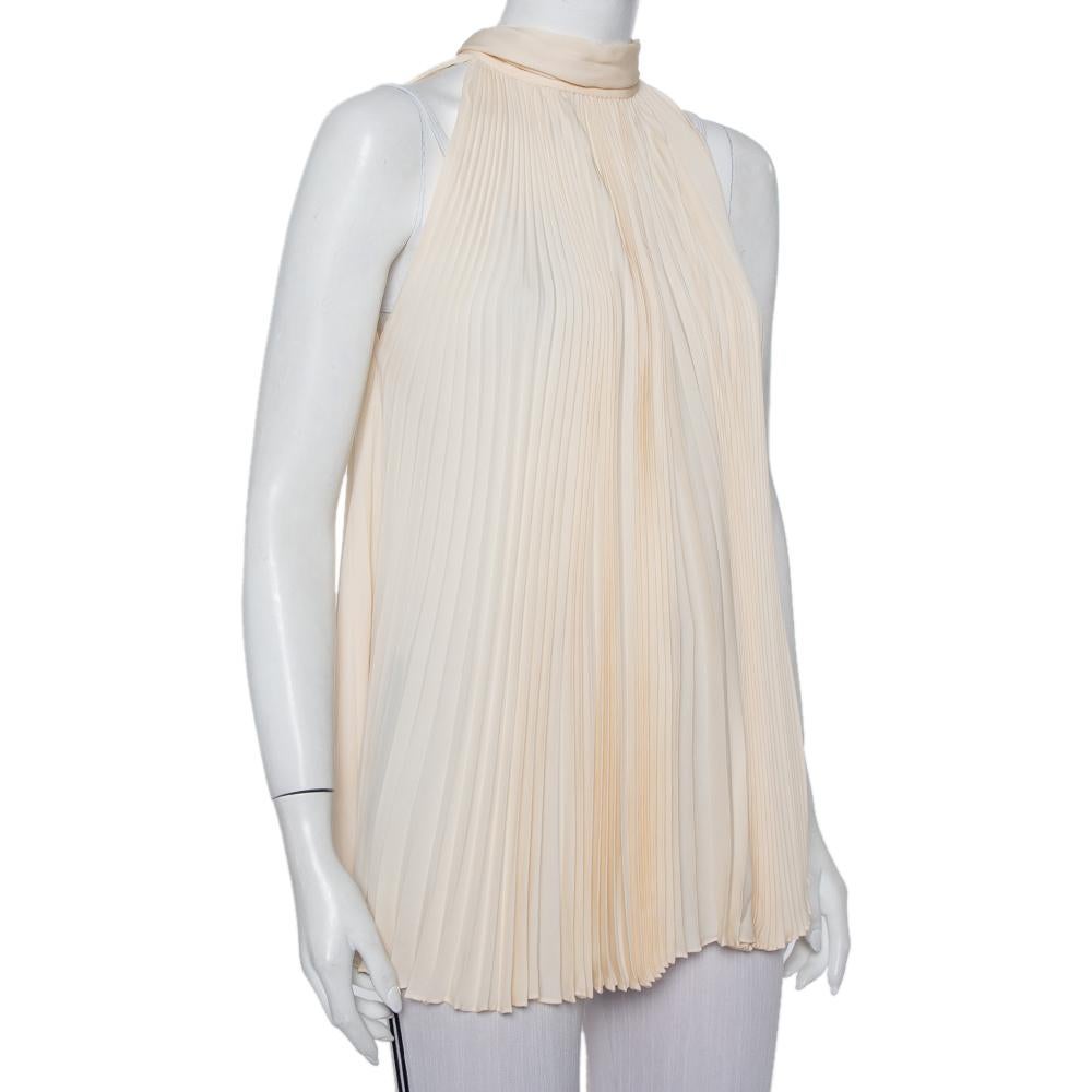 Beige Gucci Cream Plisse Silk Neck Tie Detail Oversized Sleeveless Top M