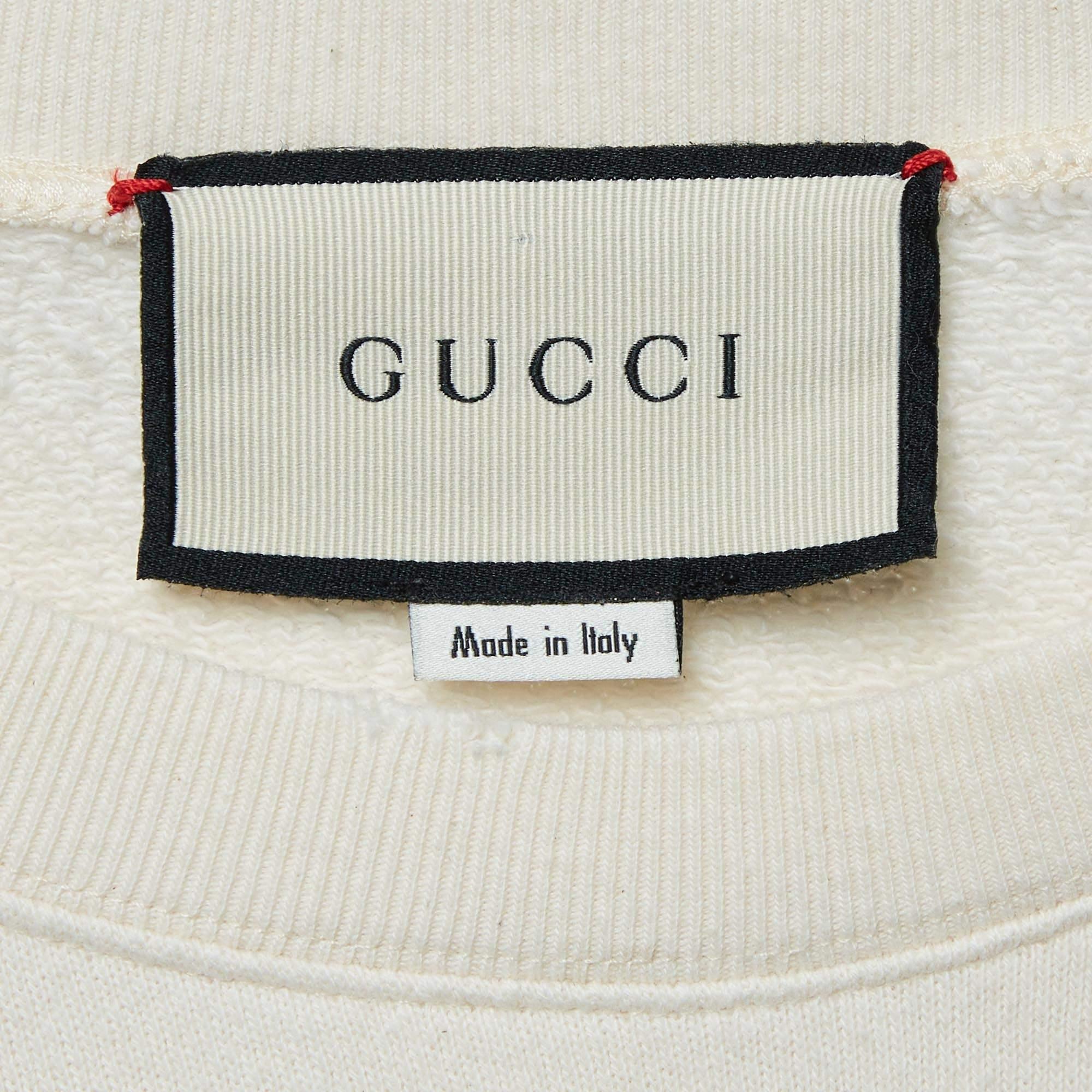 Gucci Cream Printed & Distressed Cotton Knit Sweatshirt S In Good Condition In Dubai, Al Qouz 2