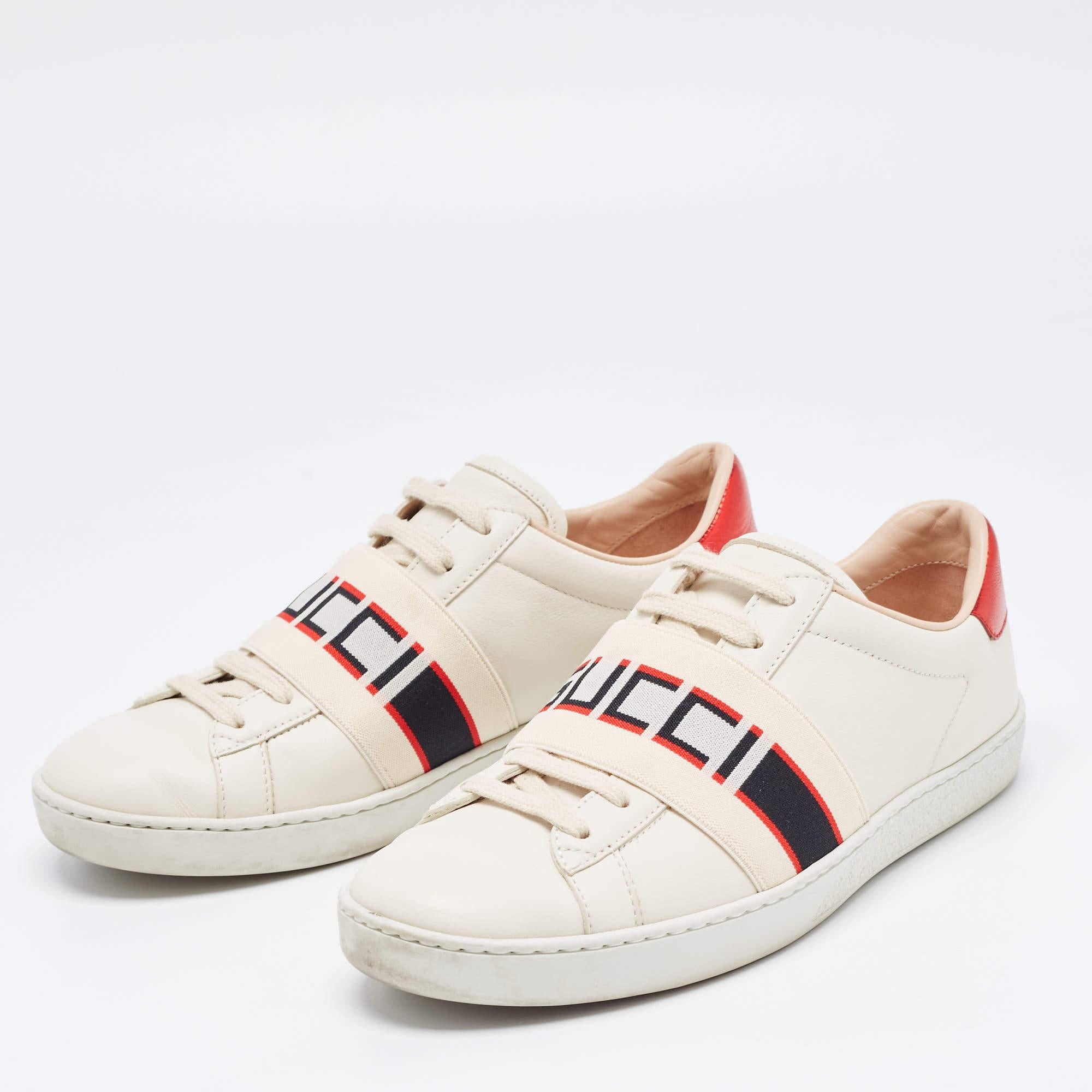 Beige Gucci Cream/Red Leather Ace Gucci Band Low Top Sneakers Size 37