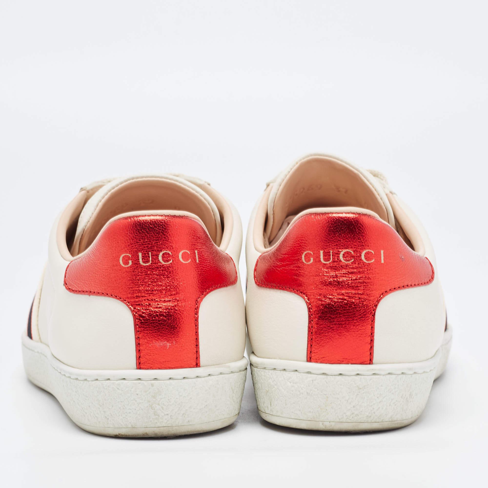 Gucci Cream/Red Leather Ace Gucci Band Low Top Sneakers Size 37 3