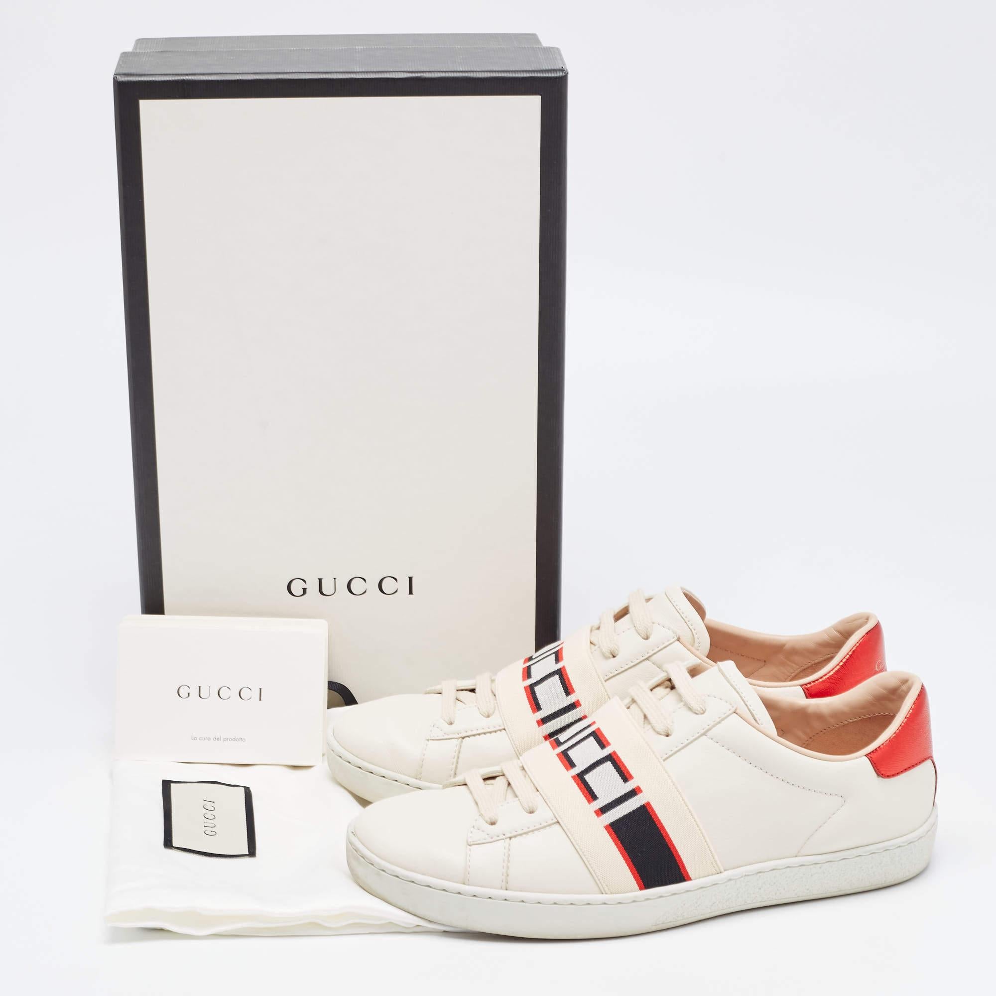 Gucci Cream/Red Leather Ace Gucci Band Low Top Sneakers Size 37 4