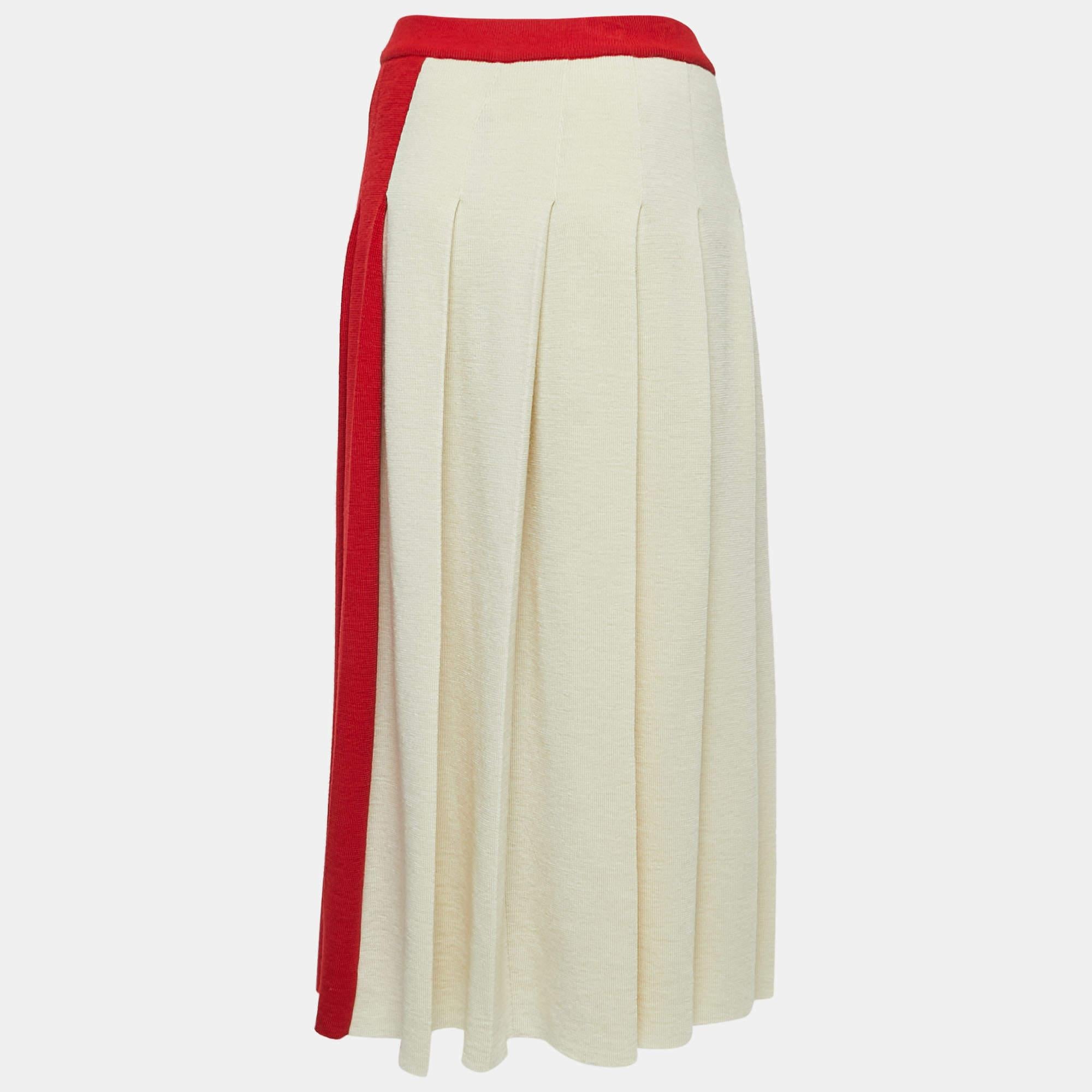 Beige Gucci Cream/Red Wool Elasticized Waist Pleated Midi Skirt S