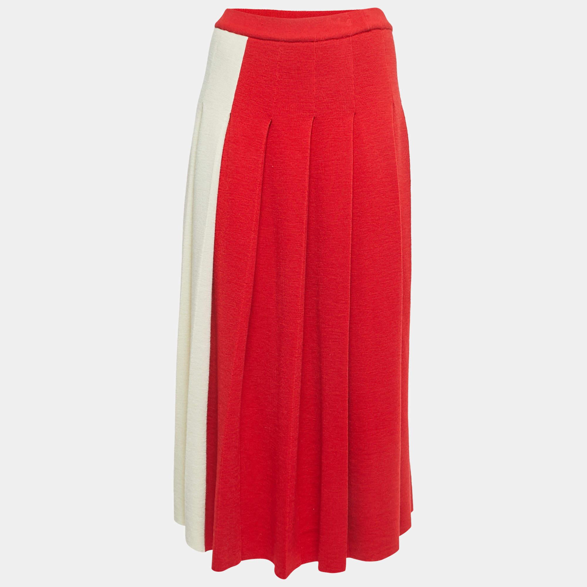 Women's Gucci Cream/Red Wool Elasticized Waist Pleated Midi Skirt S
