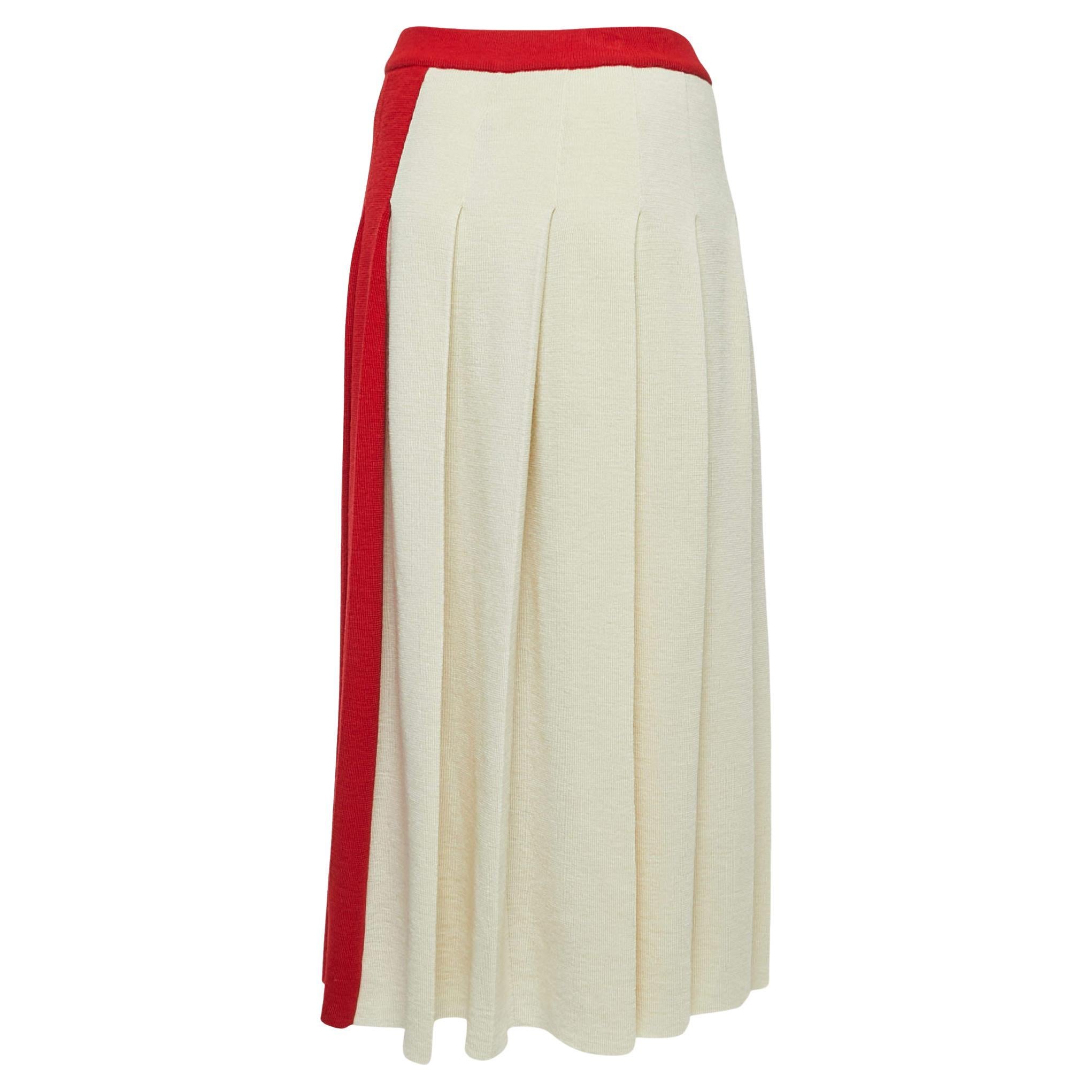 Gucci Cream/Red Wool Elasticized Waist Pleated Midi Skirt S