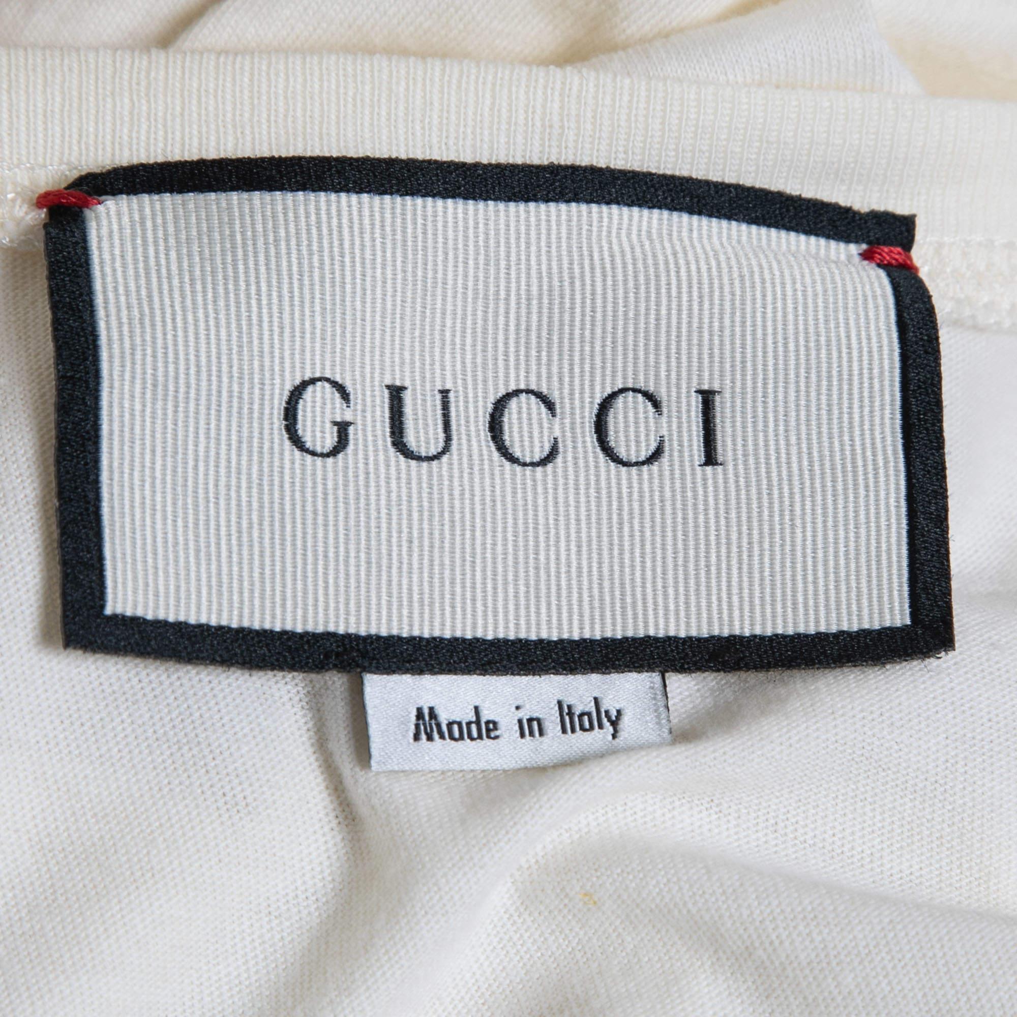 Gucci Cream Sequined Logo Cotton Crew Neck T-Shirt M In Good Condition In Dubai, Al Qouz 2