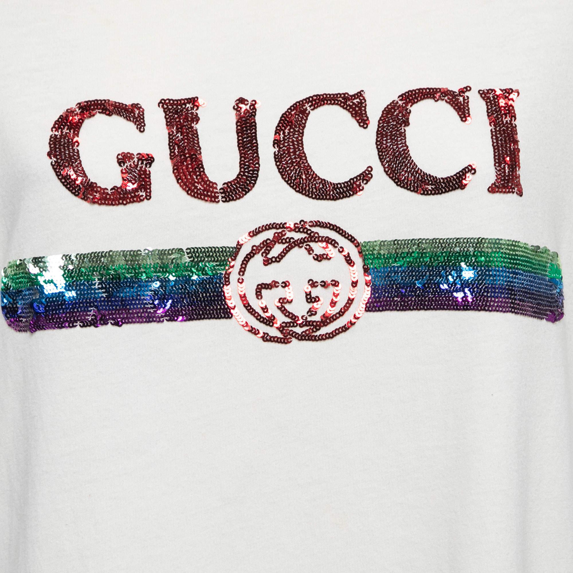 Women's Gucci Cream Sequined Logo Cotton Crew Neck T-Shirt M