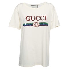 Gucci Cream Sequined Logo Cotton Crew Neck T-Shirt M