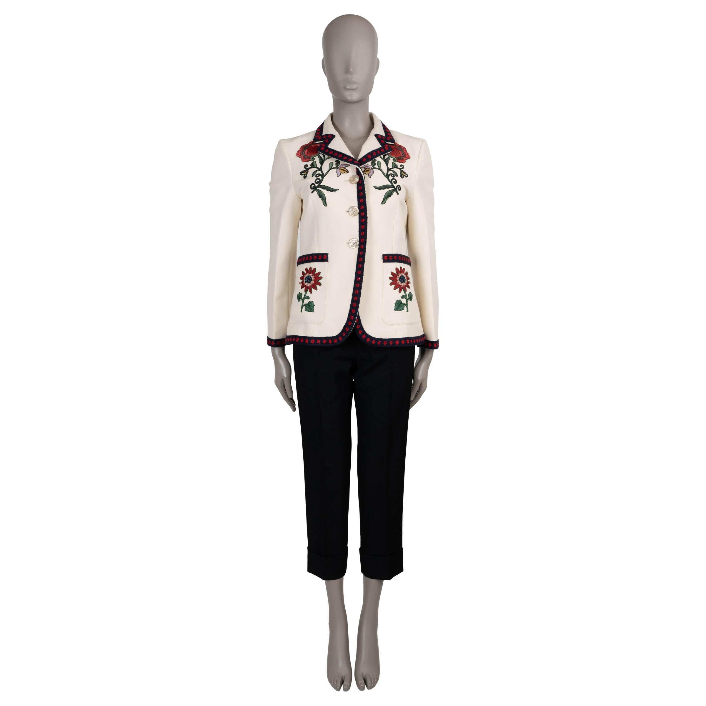 GUCCI cream silk & cotton 2016 FLORAL EMBROIDERED Blazer Jacket 44 L In Excellent Condition In Zürich, CH