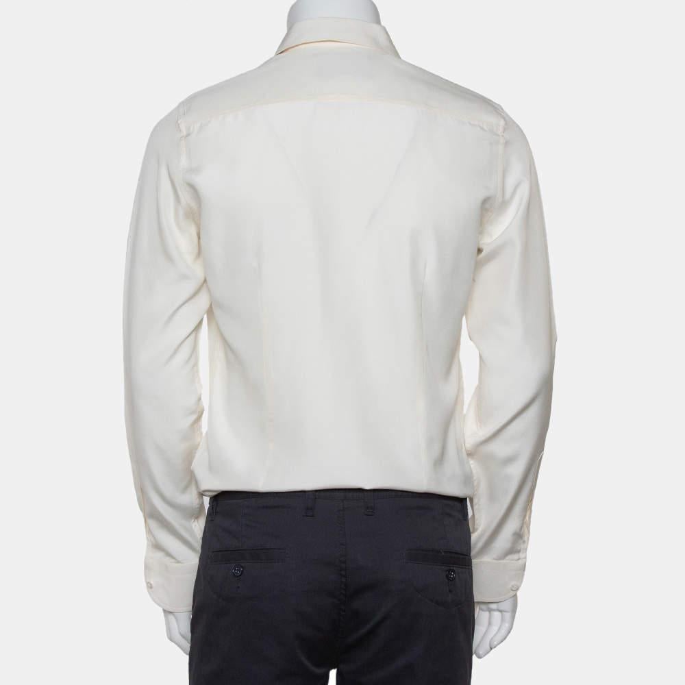 Gray Gucci Cream Silk Pintuck Detail Button Front Skinny Shirt M For Sale