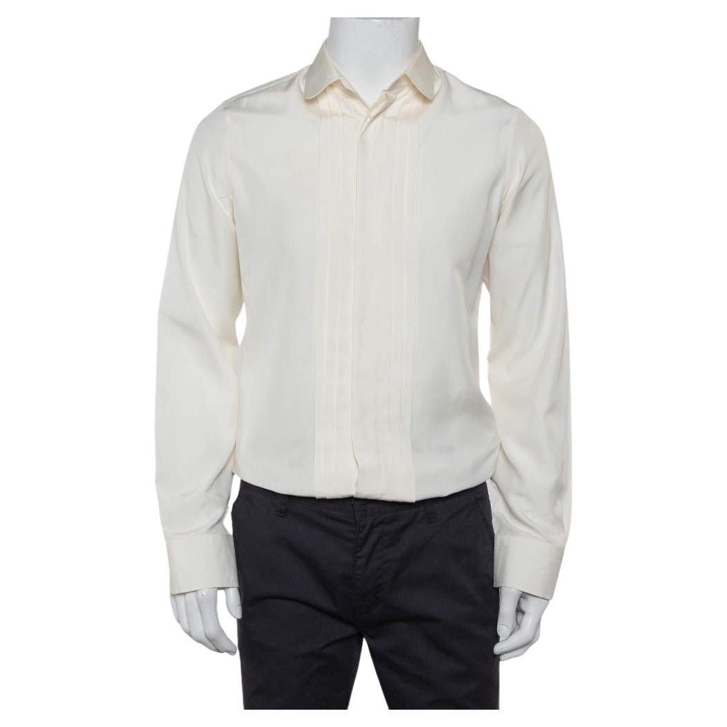 Gucci Cream Silk Pintuck Detail Button Front Skinny Shirt M For Sale