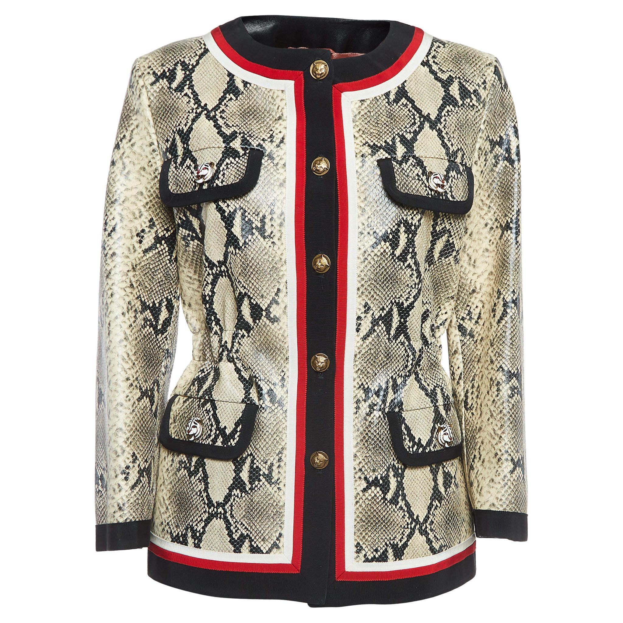Gucci Cream Snake Printed Leather Jacket M For Sale