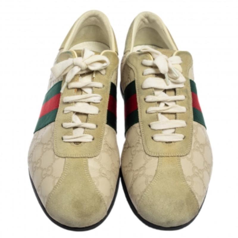 Beige Gucci Cream Suede And Leather Web Low Top Sneakers Size 43.5 For Sale