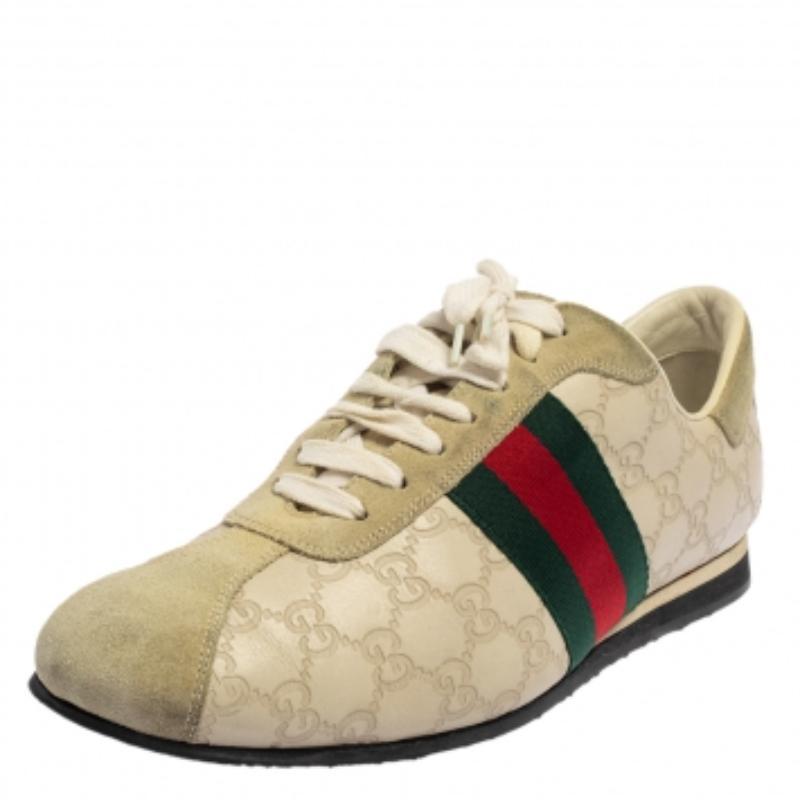 Gucci Cream Suede And Leather Web Low Top Sneakers Size 43.5 In Fair Condition For Sale In Dubai, Al Qouz 2