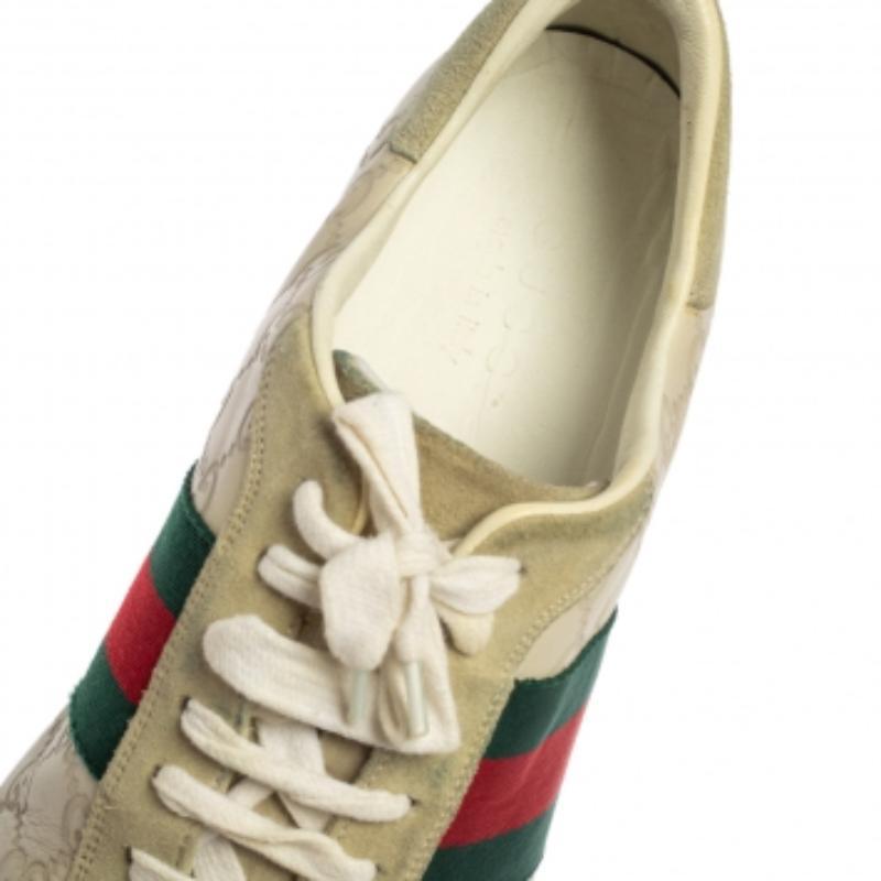 Men's Gucci Cream Suede And Leather Web Low Top Sneakers Size 43.5 For Sale