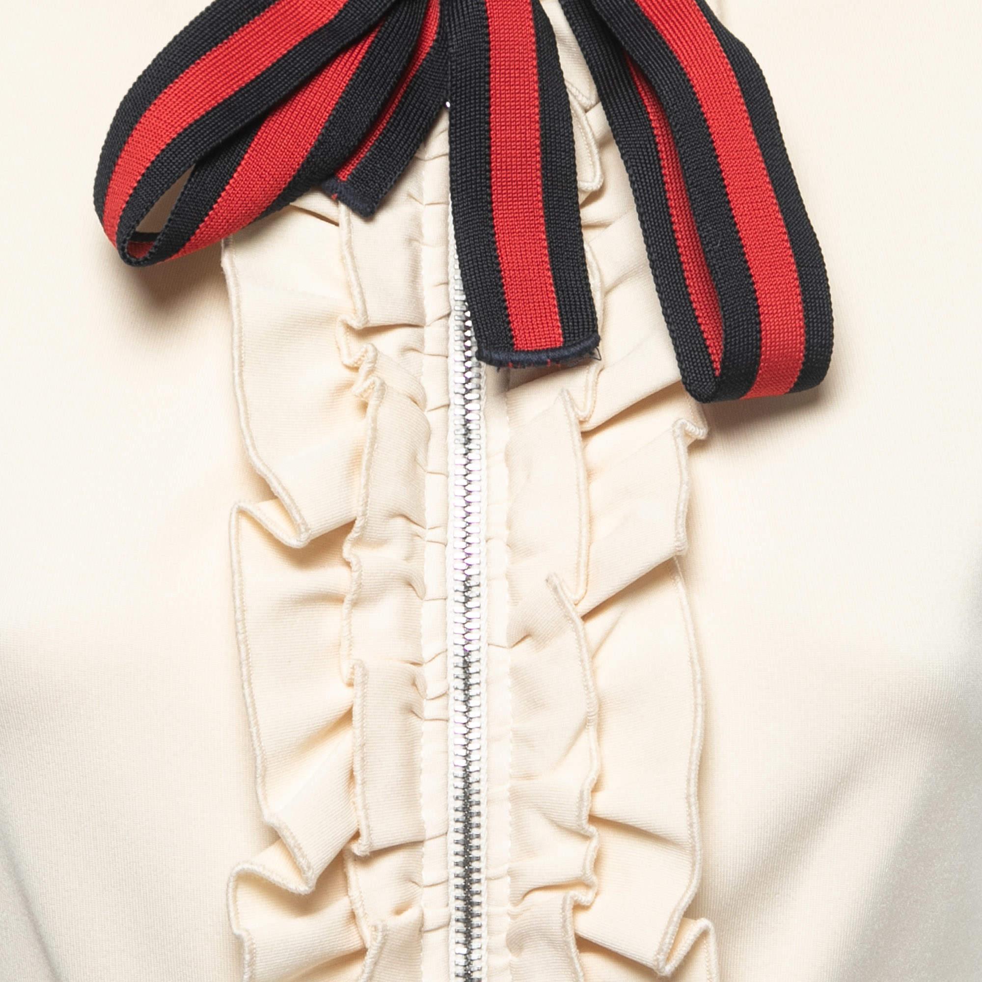 Gucci Cream Technical Jersey Web Trim Detail Ruffled Midi Dress In Good Condition In Dubai, Al Qouz 2