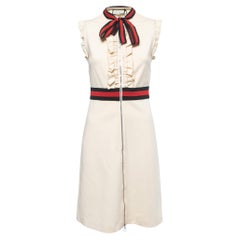 Gucci Cream Technical Jersey Web Trim Detail Ruffled Midi Dress