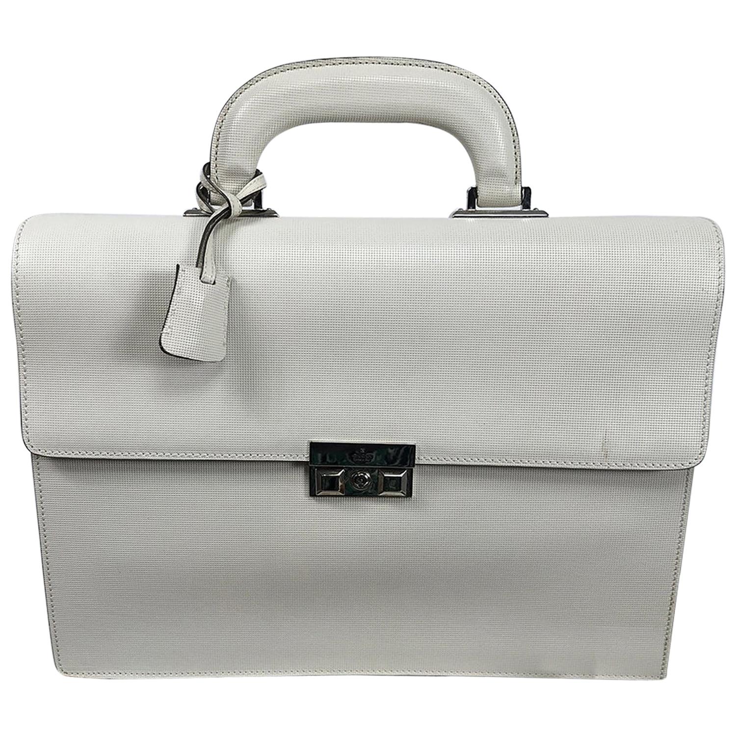 Gucci Cream Textured Leather Black Trim Briefcase with Silver Metal Hardware