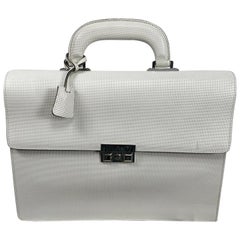 Used Gucci Cream Textured Leather Black Trim Briefcase with Silver Metal Hardware