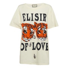 Gucci T-Shirt mit cremefarbenem Tiger-Print und Paillettenbesatz aus Baumwolle in Übergröße S Gucci T-Shirt mit cremefarbenem Tiger-Print und Paillettenbesatz aus Baumwolle in Übergröße S