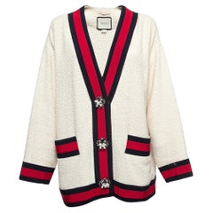 Antique Gucci Cream Tweed Web Ribbon Trim Oversized Cardigan Jacket M