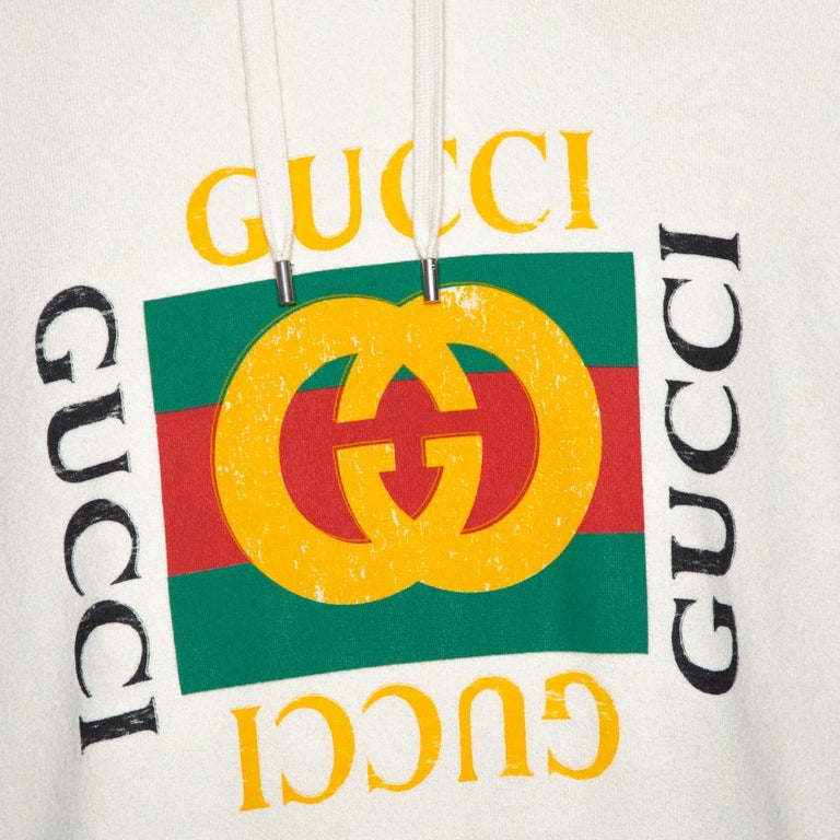 Gucci Cream Vintage Logo Print Cotton Distressed Hoodie M at 1stDibs