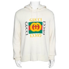 Gucci Cream Vintage Logo Print Cotton Distressed Hoodie M