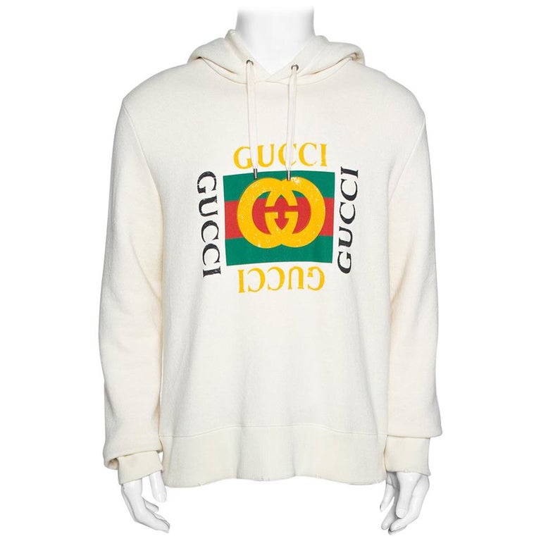 Gucci Cream Vintage Logo Cotton Distressed Hoodie M at 1stDibs