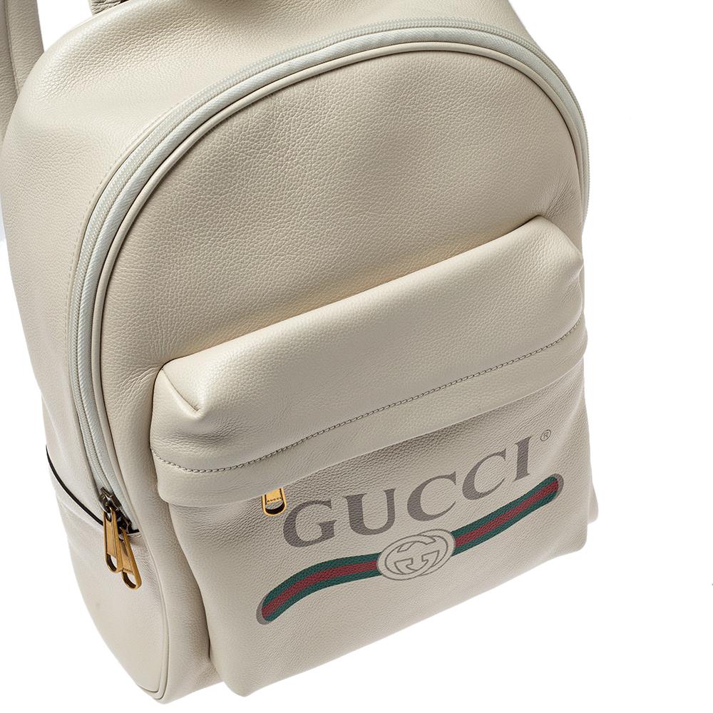 Gucci Cream White Leather Gucci Print Backpack 3