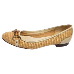 Gucci Cream/White Woven Raffia and Leather Bamboo Horsebit Ballet Flats Size 40