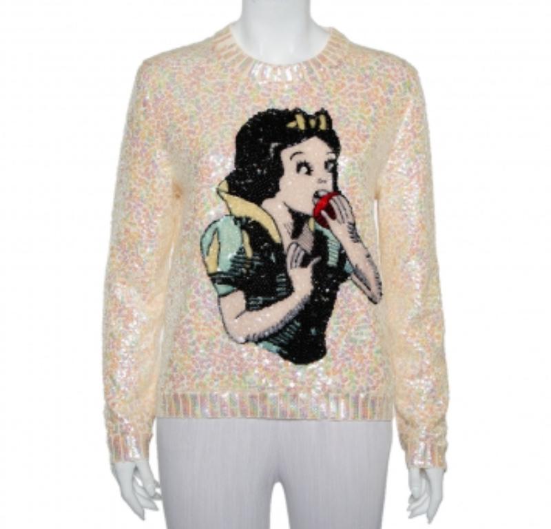 Gucci Cream Wool Snow White Sequin Embellished Crewneck Sweater S For Sale