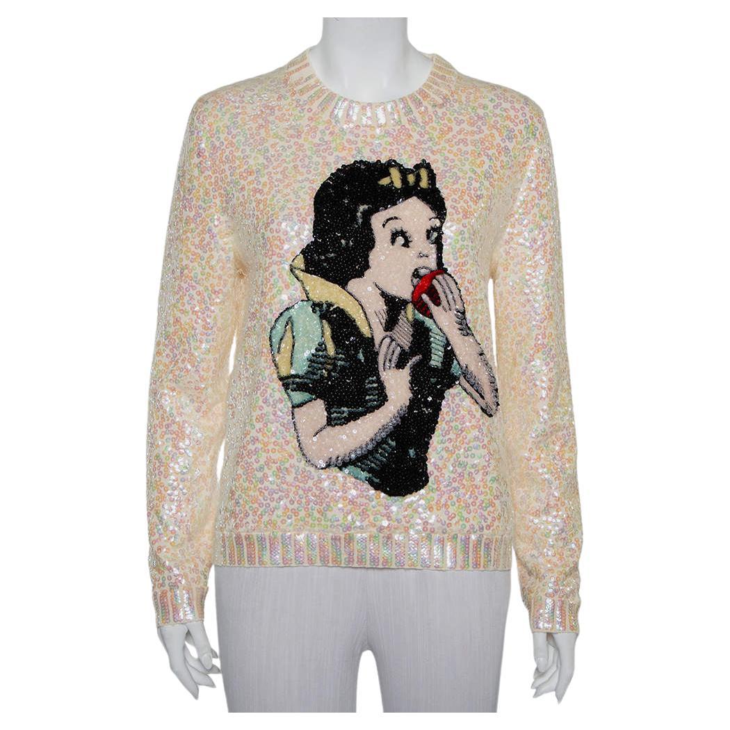Gucci Cream Wool Snow White Sequin Embellished Crewneck Sweater S For Sale