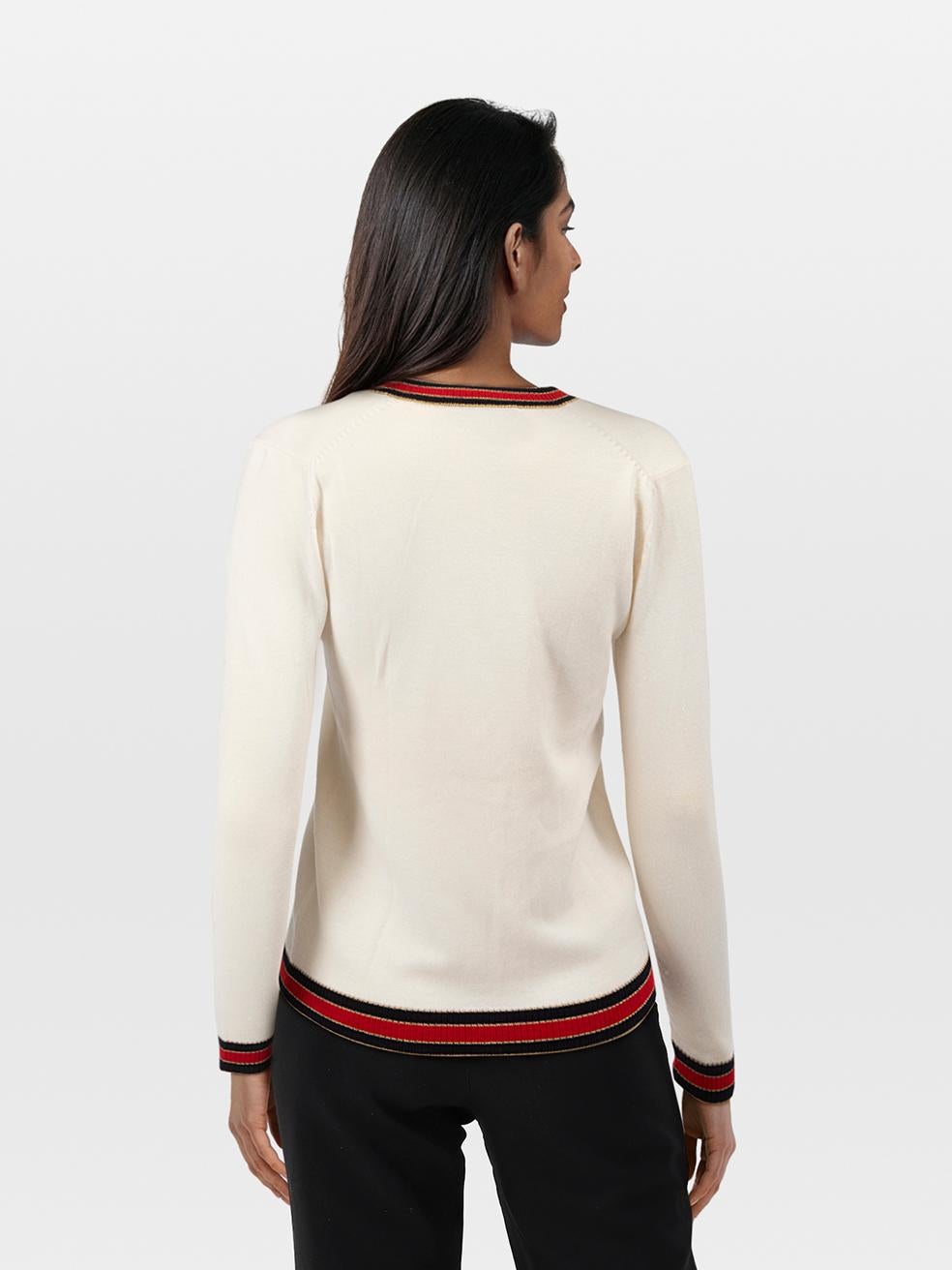 CONDITION is Very good. Minimal wear to the cardigan is evident. Discolouration on the front left, both sleeves and back of this used Gucci designer resale item.
 
 
 
 Details
 
 
 Ecru
 
 Wool
 
 Cardigan
 
 Long sleeves
 
 Web stripe pattern
 
