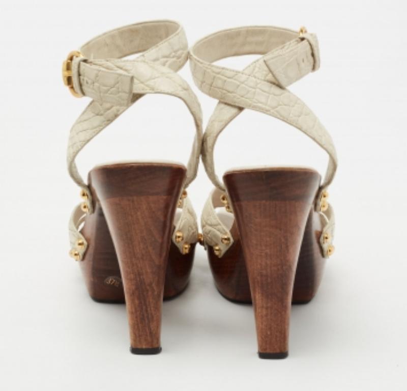 Women's Gucci Croc Embossed Leather Criss Cross Ankle Strap Platform Sandals Size 37.5 For Sale