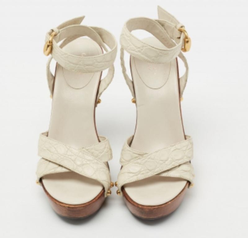 Gucci Croc Embossed Leather Criss Cross Ankle Strap Platform Sandals Size 37.5 For Sale 1