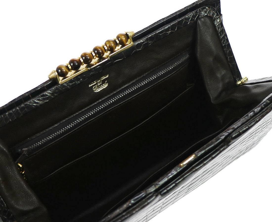 Women's Gucci Crocodile Exotic Skin Leather Gold Tiger Eye Evening Envelope Clutch Bag