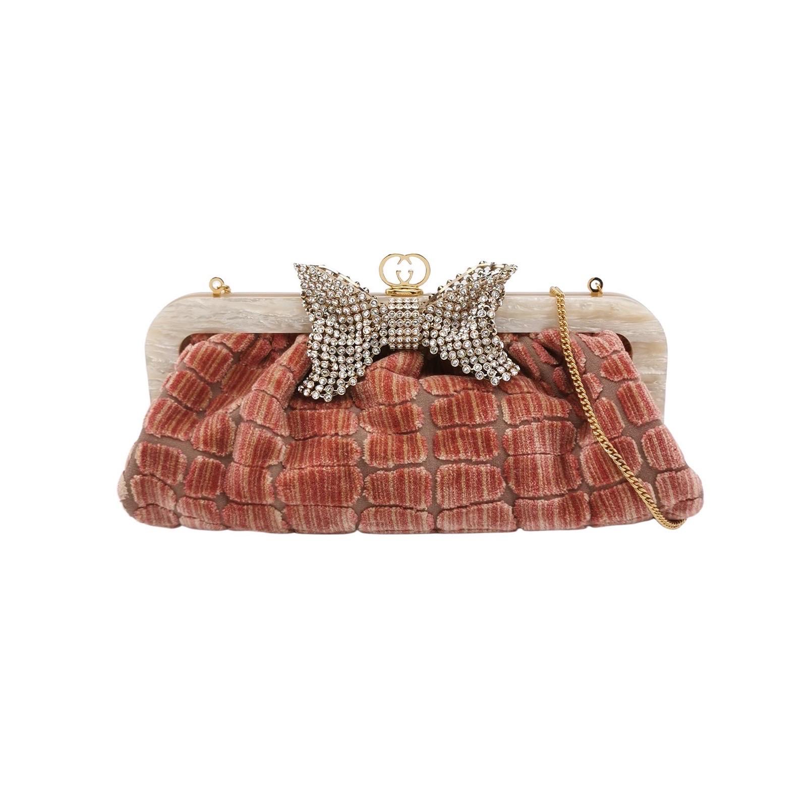 Gucci - Sac à main moyen en velours Jacquard rose à motif crocodile - Chaîne en ruban de cristal