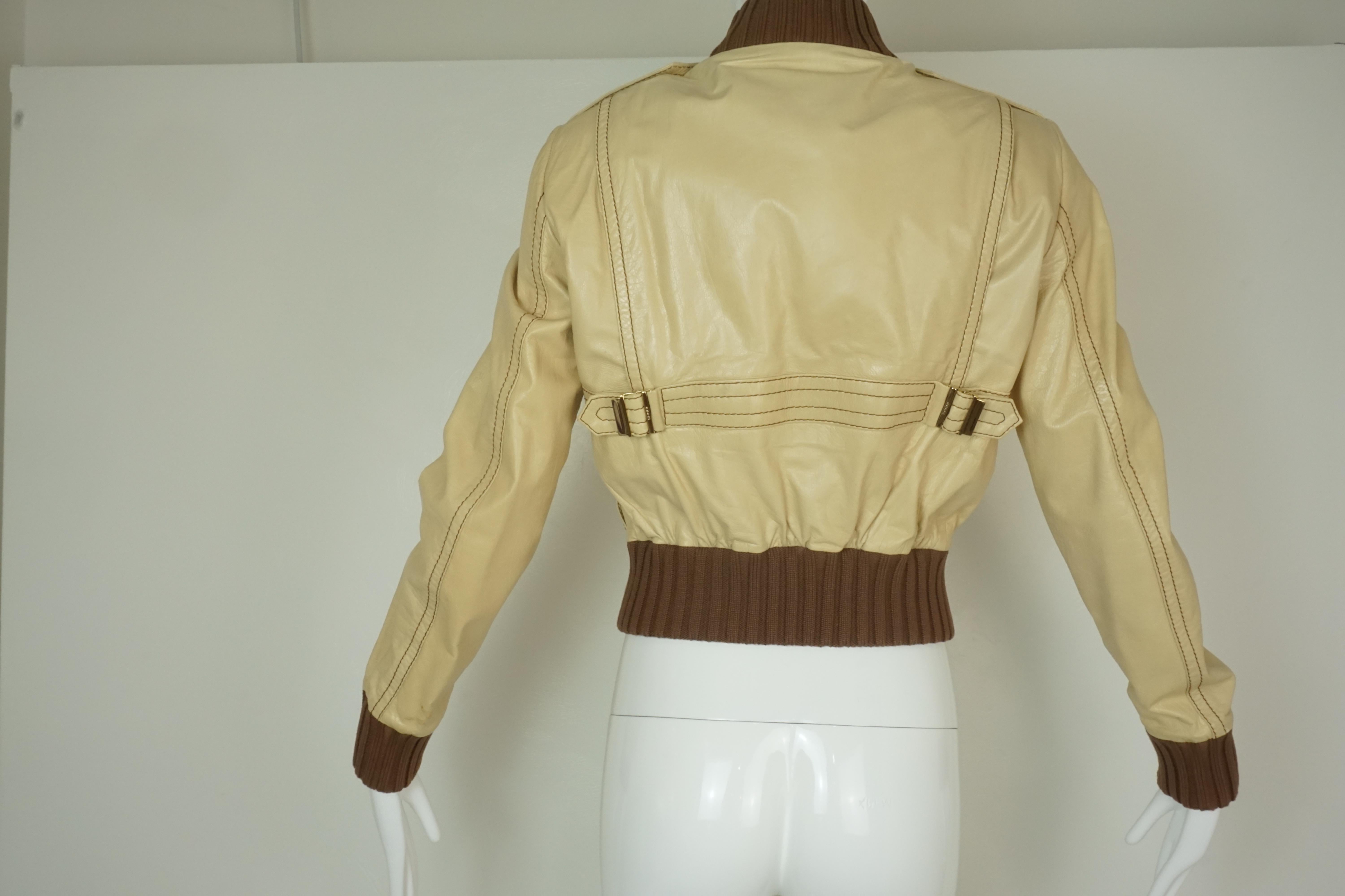 Brown Gucci Cropped Leather Bomber Jacket w/ Knit Cuffs & Collar  For Sale