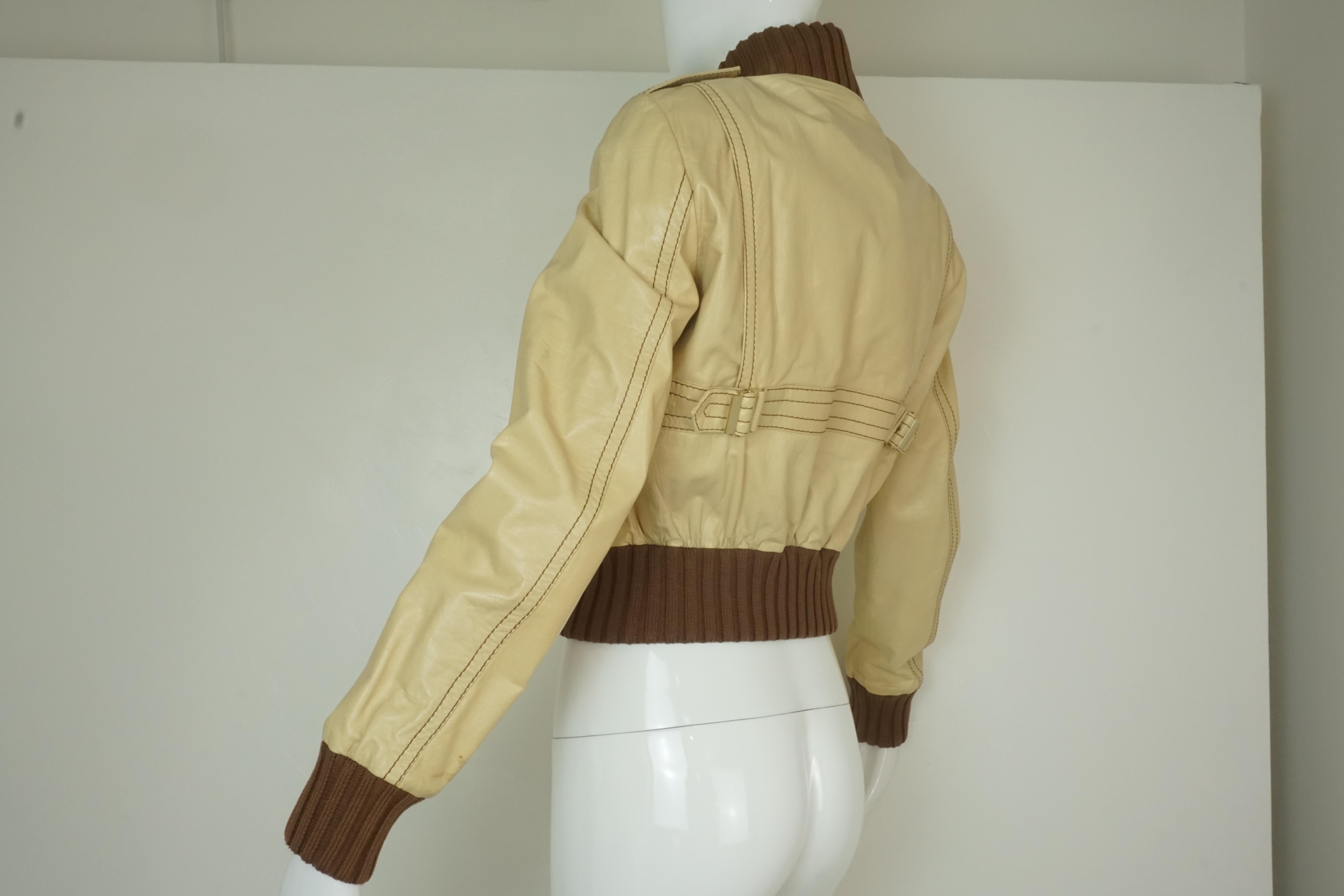 Women's or Men's Gucci Cropped Leather Bomber Jacket w/ Knit Cuffs & Collar  For Sale