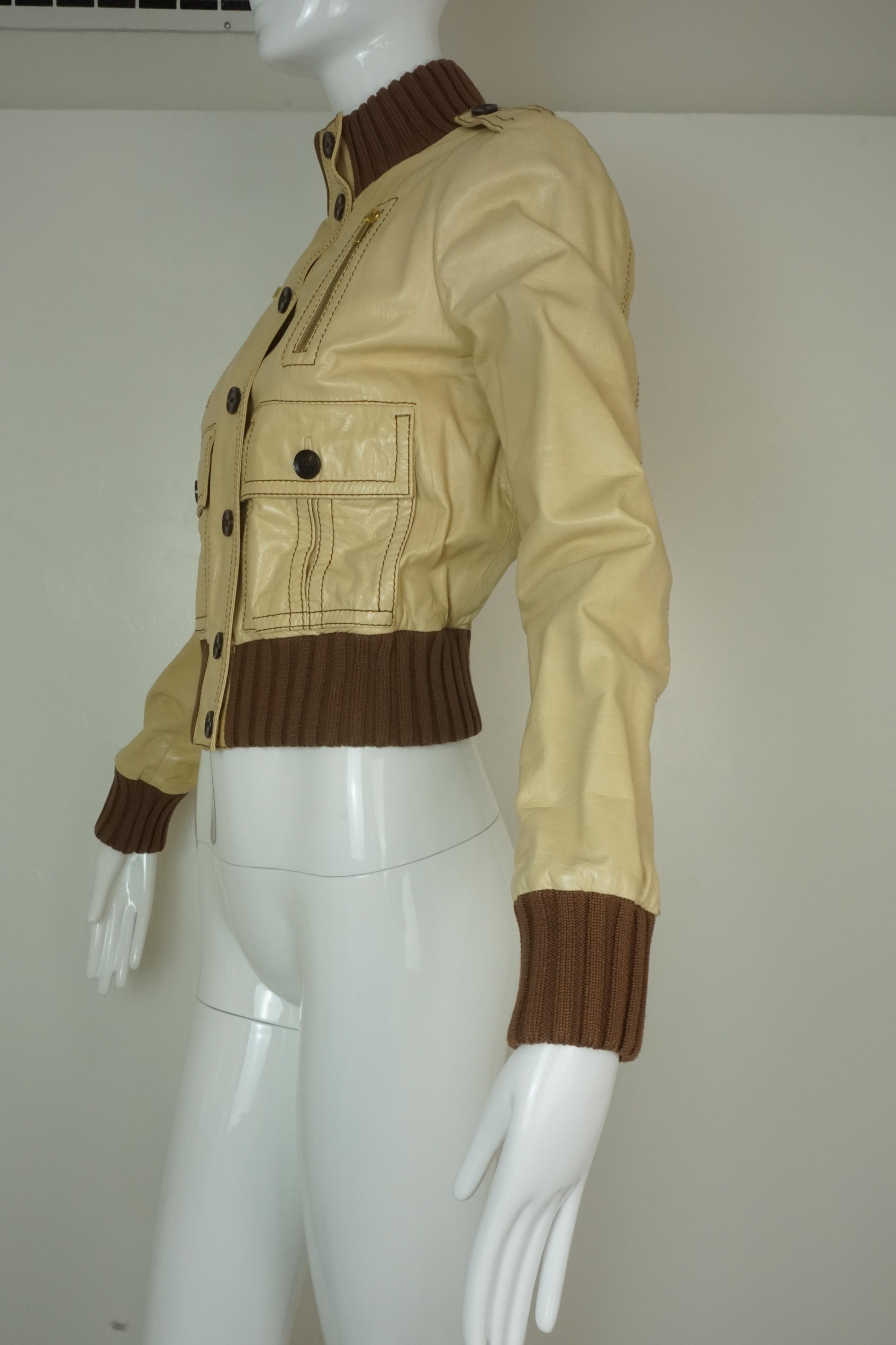 Gucci Cropped Leather Bomber Jacket w/ Knit Cuffs & Collar  For Sale 2