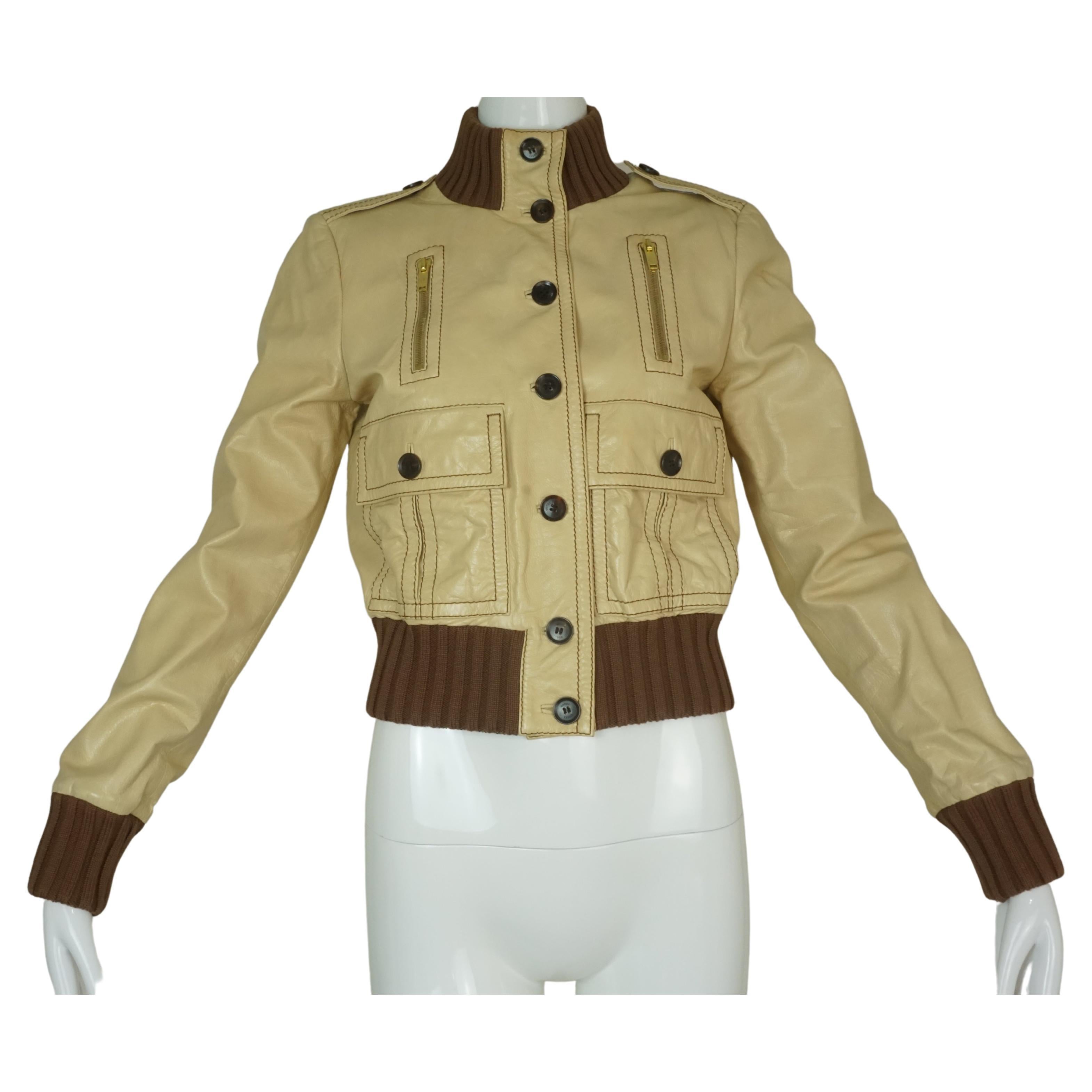 Gucci Cropped Leather Bomber Jacket w/ Knit Cuffs & Collar  For Sale