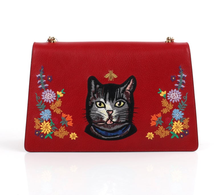 GUCCI Cruise 2018 “Linea Ricami” Red Floral Cat Crystal GG Large
